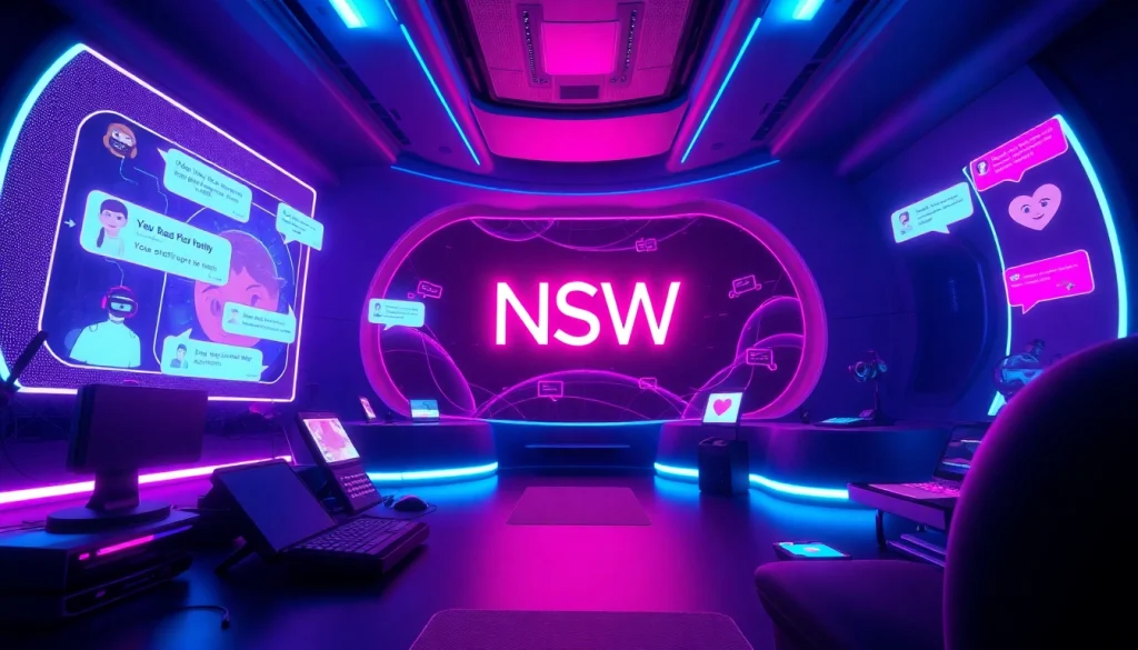 Engaging NSFW chat AI interface with interactive avatars and ambient lighting.