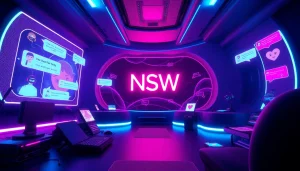 Engaging NSFW chat AI interface with interactive avatars and ambient lighting.