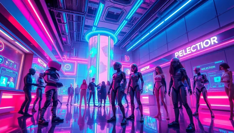 Dynamic futuristic scene illustrating NSFW character AI interactions, showcasing vibrant digital characters and immersive environments.