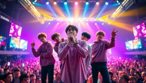 Fans celebrate BTS news with a vibrant concert scene featuring the band members in action.