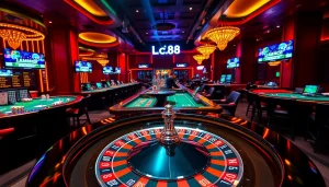 Experience thrilling casino excitement with Lc88.marketing in a vibrant gambling scene featuring roulette and cards.
