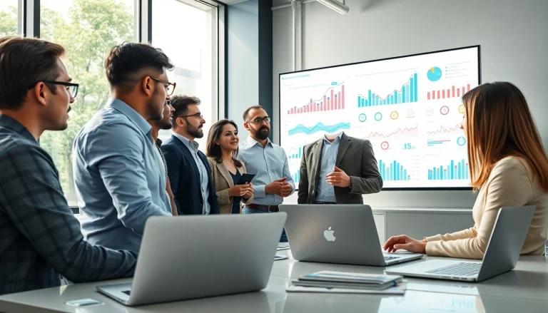 Utilizing Competitive intelligence for team discussions and data analysis in a modern office.