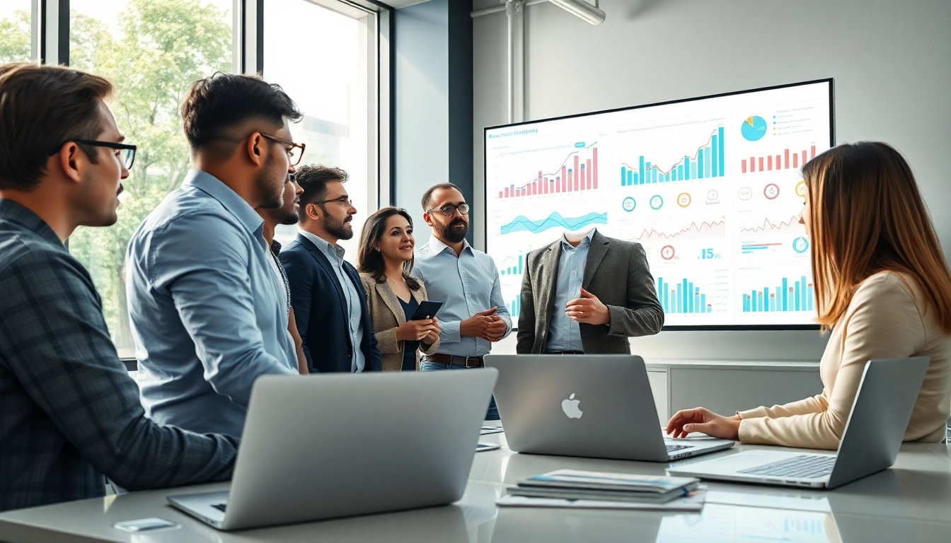 Utilizing Competitive intelligence for team discussions and data analysis in a modern office.