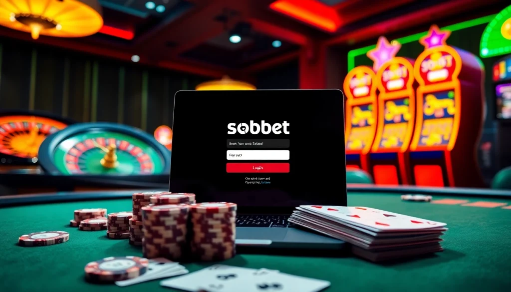Engage with the sbobet login interface amidst a luxurious casino setting featuring vibrant gaming elements.