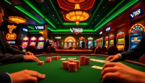 Players engage in a high-stakes poker game at a casino, showcasing excitement around VN168 gameplay.