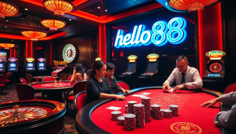 Experience the thrill of hello88 with players enjoying high-stakes poker in a luxurious casino setting.