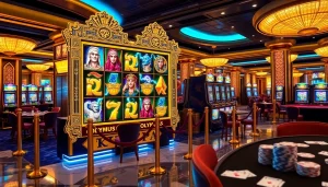 Play the exciting Olympus slot machine amidst a luxurious casino backdrop filled with vibrant visuals.
