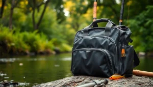 Showcase of a Fly fishing bag in an outdoor river setting, highlighting its features and compartments.