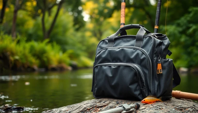 Showcase of a Fly fishing bag in an outdoor river setting, highlighting its features and compartments.