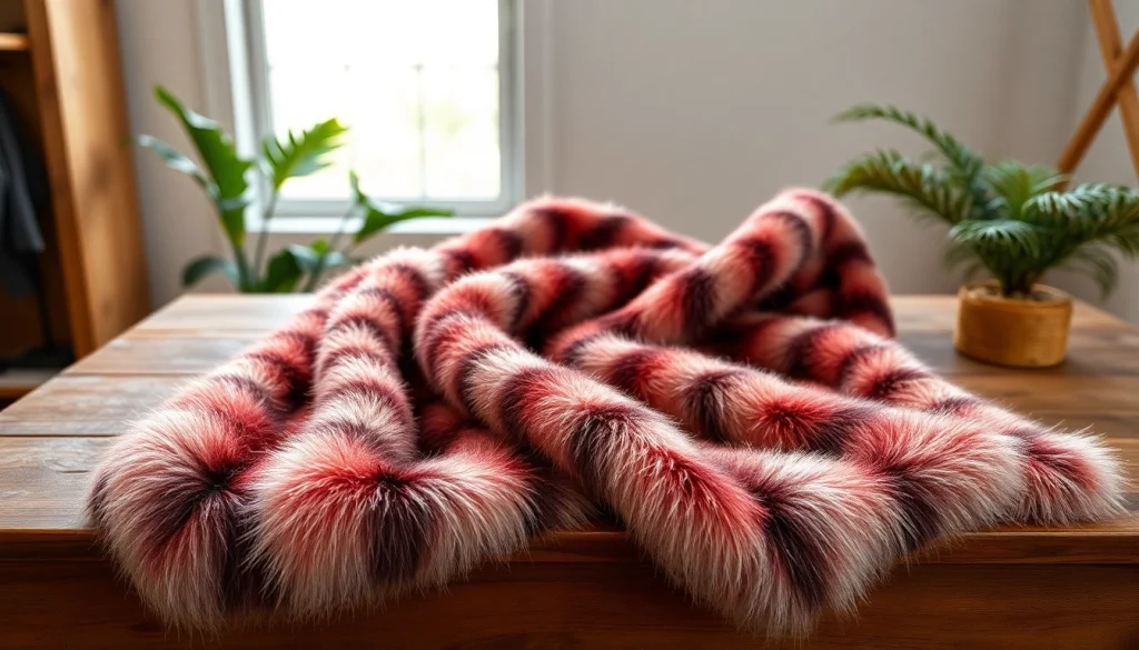 Imitatie bont stof met luxe textuur en levendige kleuren in een warme setting.