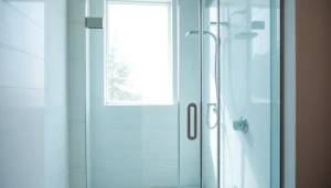 Stylish glass shower doors enhancing a modern bathroom with a bright ambiance.