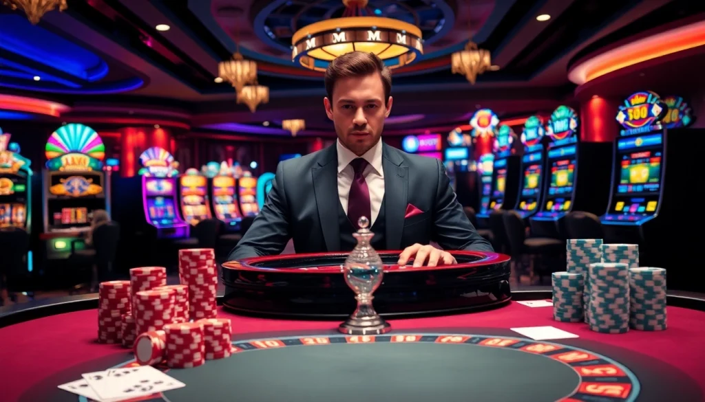 Dynamic scene featuring Nhà cái U888 with a professional dealer at a roulette table, enhancing the online gambling atmosphere.