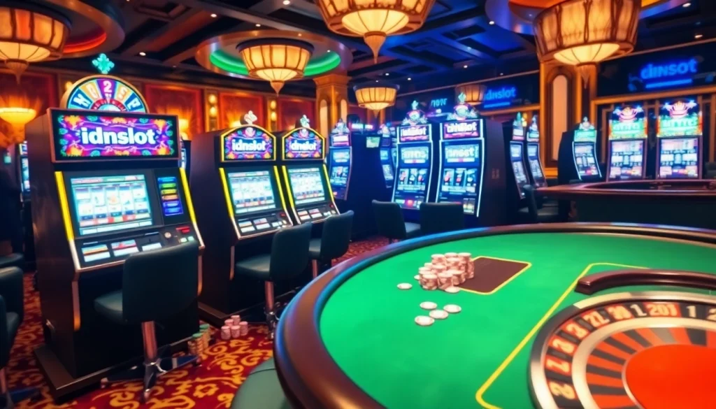 Engaging players enjoying idnslot on vibrant, luxurious casino gaming machines.