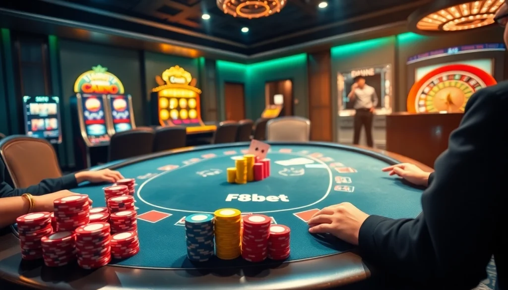 Players strategizing at a luxurious F8bet poker table in an upscale casino ambiance.