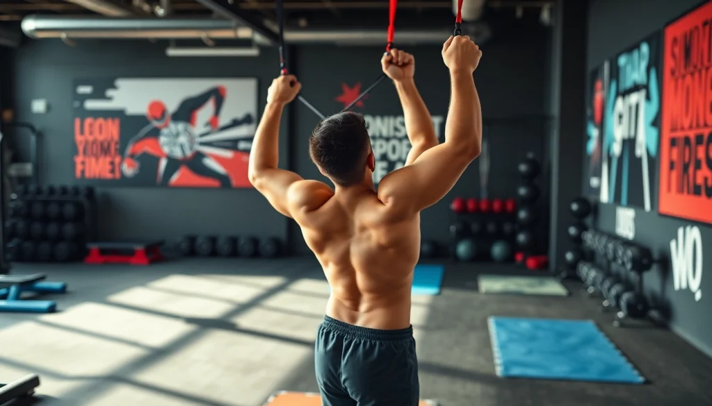Fitness enthusiast using stretch bands for pull-ups in a vibrant gym setting