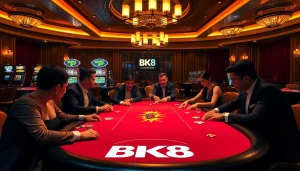 Players immerse in an exciting BK8 poker game, showcasing high-stakes action and vibrant casino ambiance.