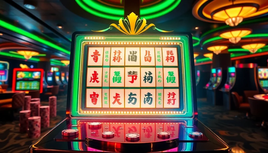 Engage in thrilling action with the Mahjong slot demo on a sleek gaming machine, surrounded by casino excitement.