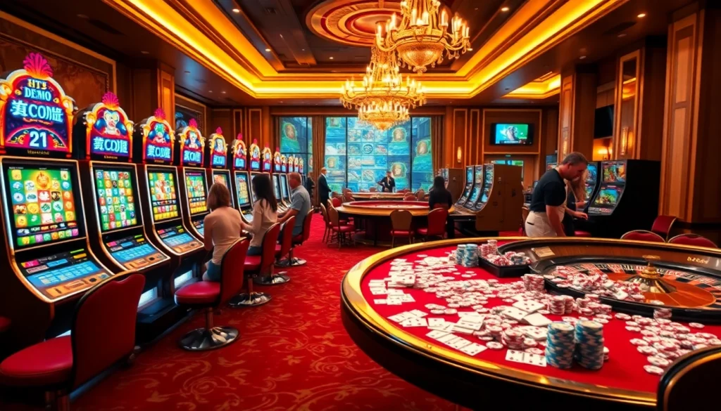 Experience the thrill with slot demo mahjong machines at a vibrant casino filled with players and betting action.