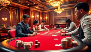 Players enjoying a thrilling poker game at rr88 kjc, featuring high-stakes excitement and luxury elements.