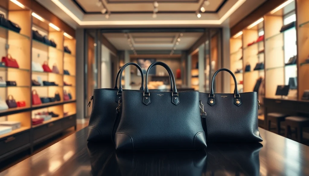 레플리카 핸드백이 매력적인 부티크 테이블에 진열된 모습