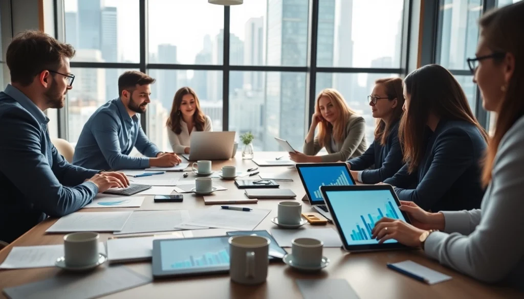 Engaging discussion on growth strategy trends in a bustling office environment.