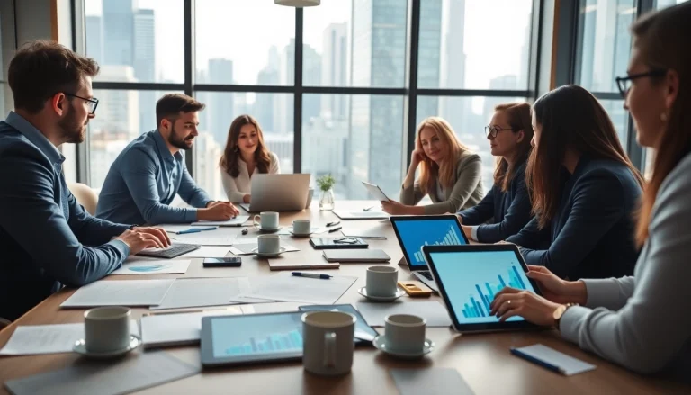 Engaging discussion on growth strategy trends in a bustling office environment.