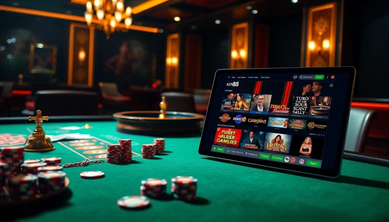 Experience thrilling action at xin88 with vibrant casino tables, poker cards, and roulette.
