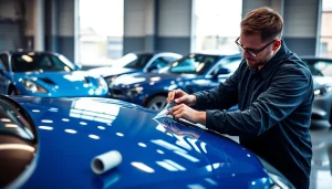 Applying PPF Chattanooga in a modern garage with luxury vehicles, a professional detail.