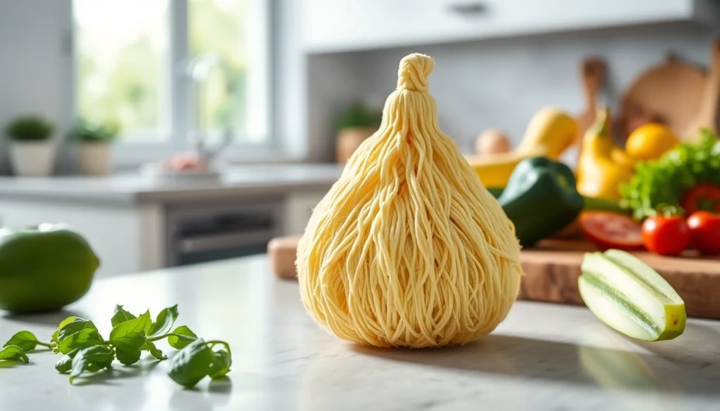 A kitchen loofah placed on a cutting board next to fresh produce in a bright kitchen setting.