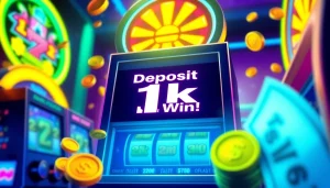 Menangkan slot deposit 1k dengan mesin slot yang menarik dan ikon uang digital.