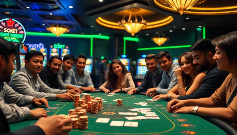 Sbobet login scene with players at a poker table, showcasing excitement in a casino.