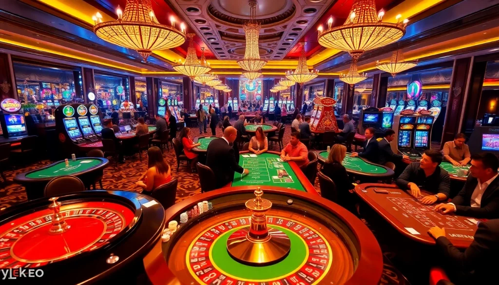 Excited gamblers at a luxury casino with games, highlighting tylekeo.asia for premier betting experiences.