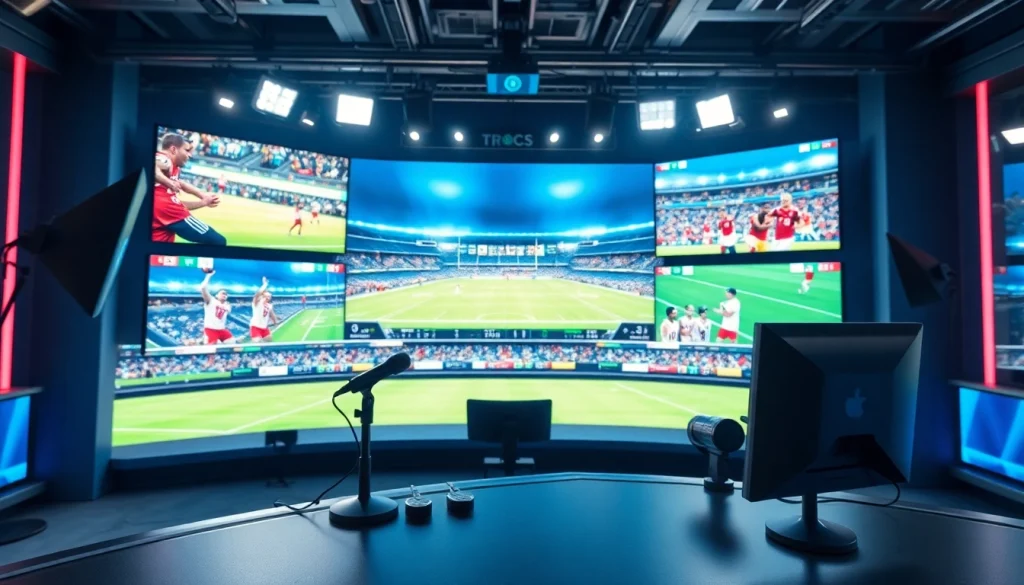 Engaging scene of Sports Broadcasting in a professional studio setting with multiple screens.