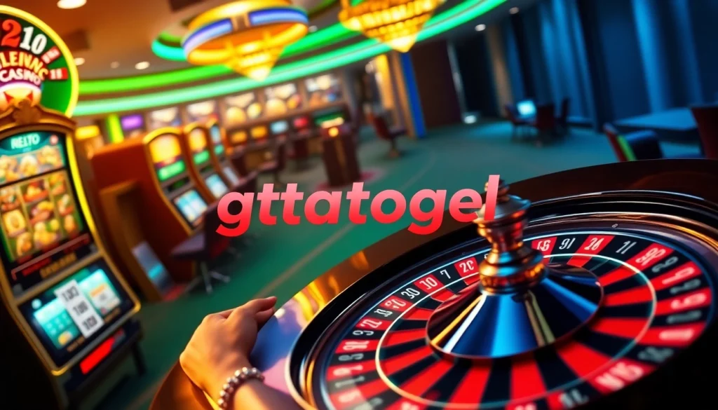 Experience the thrill of gtatogel with vibrant casino elements showcasing slot machines and roulette.