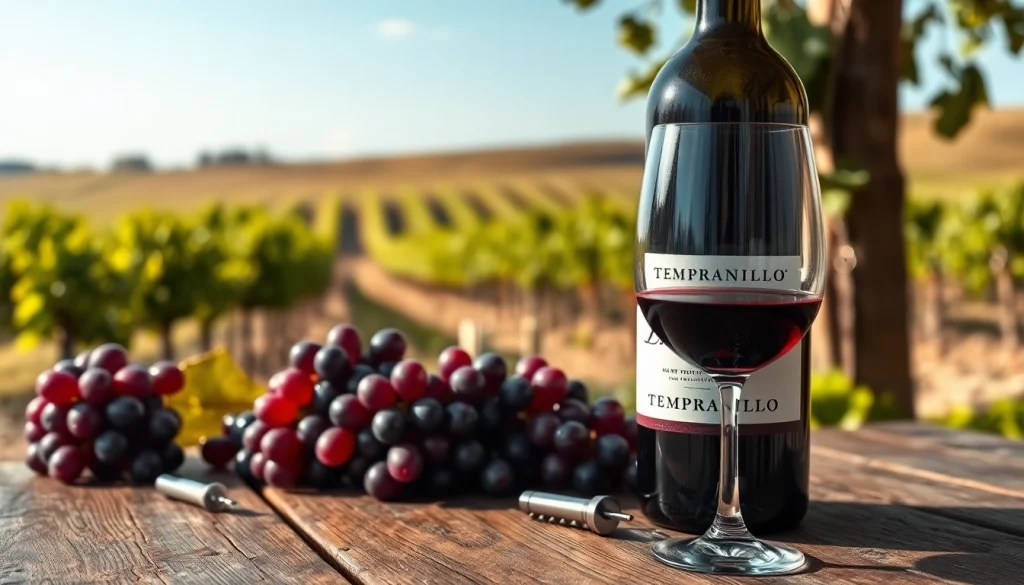 Pouring a glass of Tempranillo wine with grapes, highlighting its rich flavor.