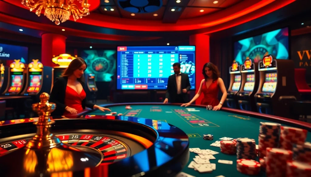 Atmosphère passionnante de casino en ligne argent réel avec roulette et machines à sous avec des joueurs.