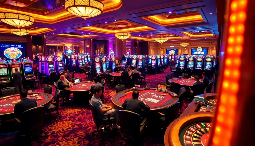 Players enjoying an exciting mm88 casino experience at vibrant poker tables and roulette wheels.