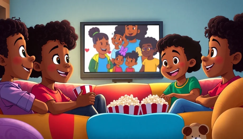 A diverse group of children enjoying African American cartoons in a colorful living room, showcasing joy and excitement.