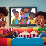 A diverse group of children enjoying African American cartoons in a colorful living room, showcasing joy and excitement.