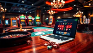 Vivez l'excitation du jeu en ligne avec une scène de casino en ligne Français opulente, comportant des tables et machines à sous vibrantes.