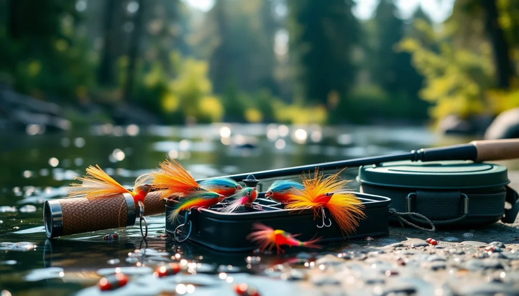 Highlighting fly fishing accessories displayed in a beautiful river environment, showcasing essential gear for enthusiasts.