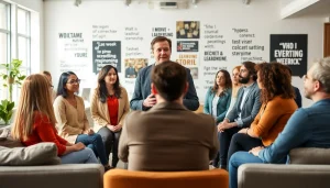 Leadership development coach facilitating an engaging group discussion in a bright office.