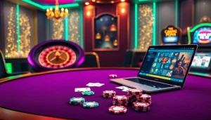 Vivez une action palpitante dans le casino en ligne argent réel avec une scène de poker luxueuse et des éléments de jeu vibrants.