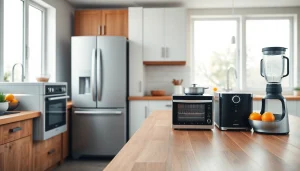Showcase home appliances in a modern kitchen highlighting innovative design and functionality.