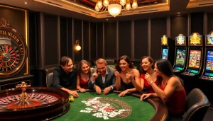 Scène excitante de casino en ligne argent réel avec des joueurs à une table de roulette et des machines à sous vibrantes.