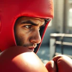 Trained athlete showcasing headgear boxing during intense outdoor training session.