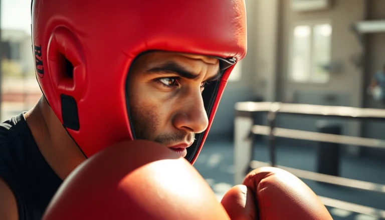 Trained athlete showcasing headgear boxing during intense outdoor training session.