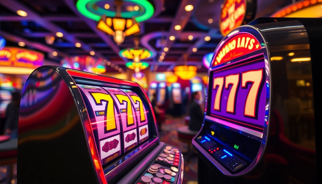 Rasakan kegembiraan slot 777 dengan mesin slot berkilau dikelilingi token kasino yang berwarna-warni.