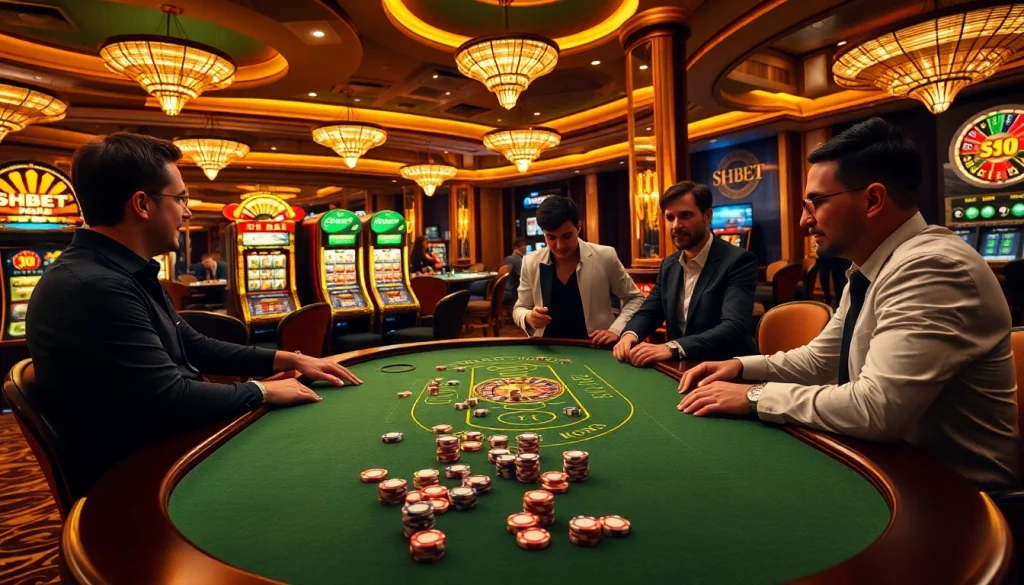 Experience the excitement of SHBET with players engaged at a luxurious gambling table.