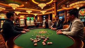 Experience the excitement of SHBET with players engaged at a luxurious gambling table.